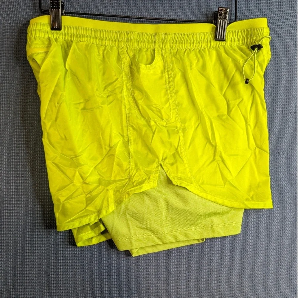Nike Women 2-in-1 Running Shorts Neon Yellow Lime Green Zipper Pocket Size M